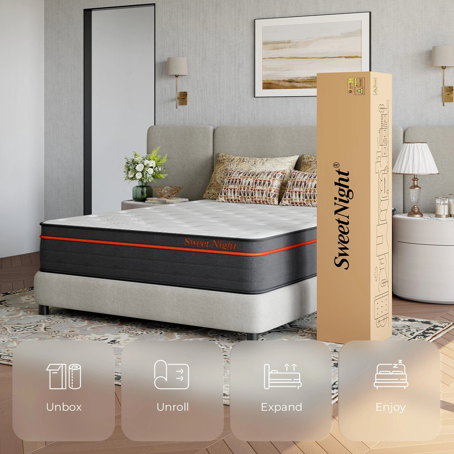 SweetNight Twilight hybrid mattress with cooling gel foam and pocket coils, shown on a bed with setup icons: Unbox, Unroll, Expand, Enjoy.
