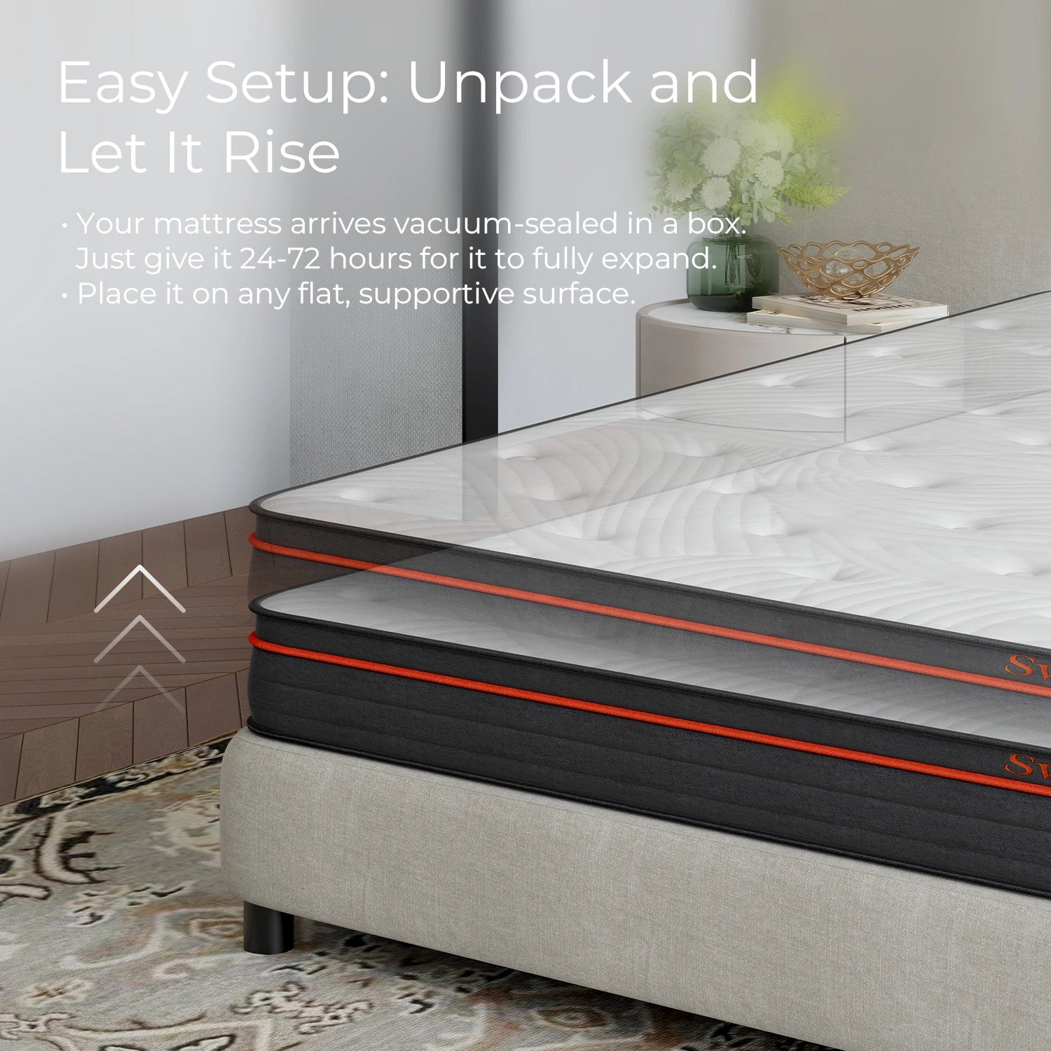 SweetNight Twilight hybrid mattress, white quilted top, orange side accents, easy setup text. On grey frame.