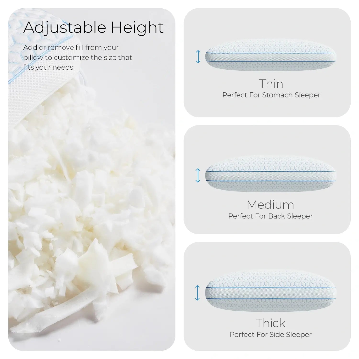 Pillow with adjustable height options and white rice illustration on packaging