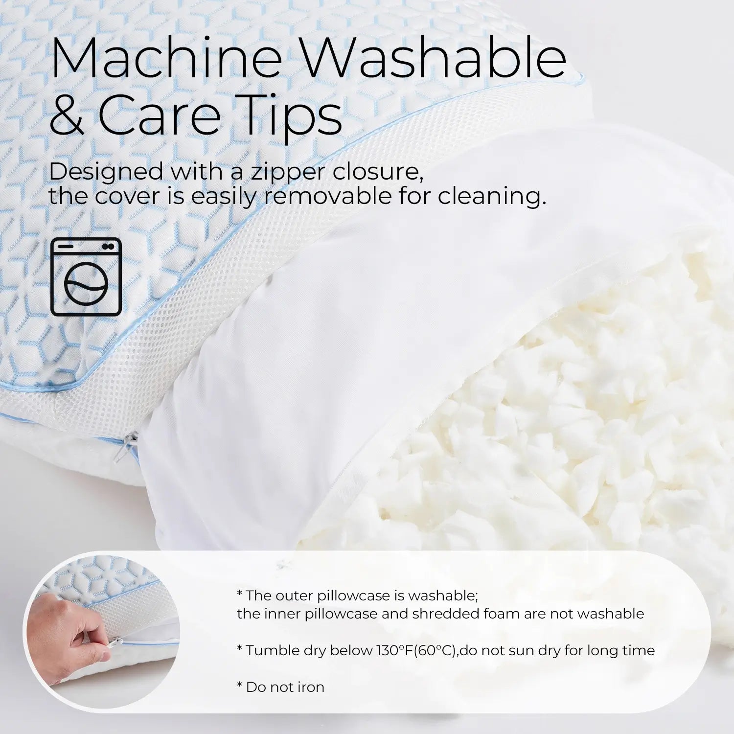 Pillow with care instructions and washing information on a white background
