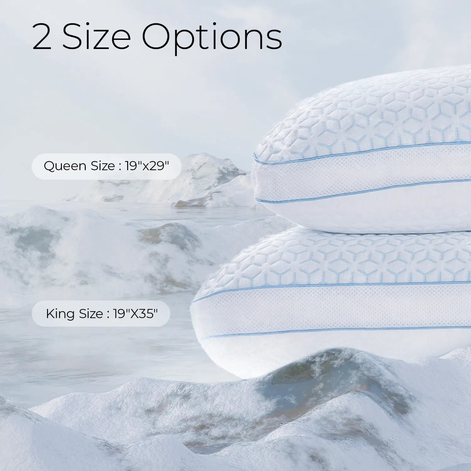 Two mattresses stacked with size options labeled against a mountainous background