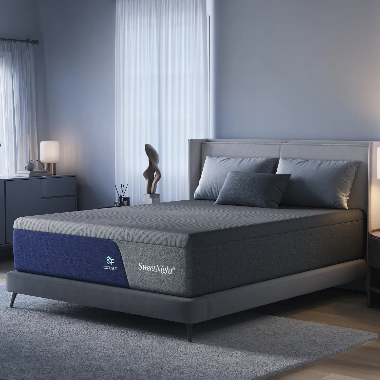 SweetNight CoolNest™ Mattress showcasing 8°Cooler technology and breathable design in a modern bedroom setting.