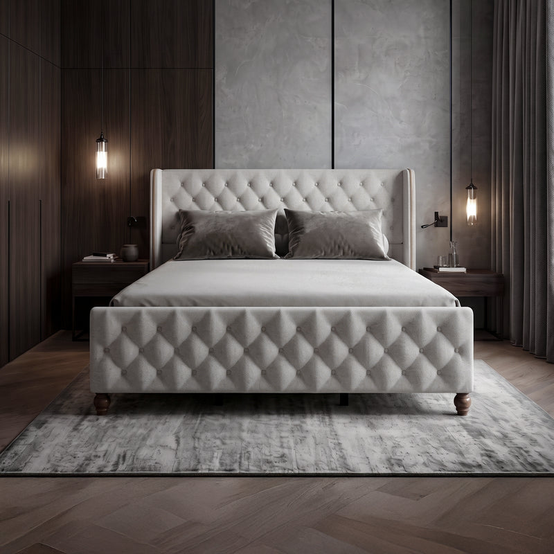 Grand Wingback Diamond Button-Tufted Upholstered Velvet Bed Frame