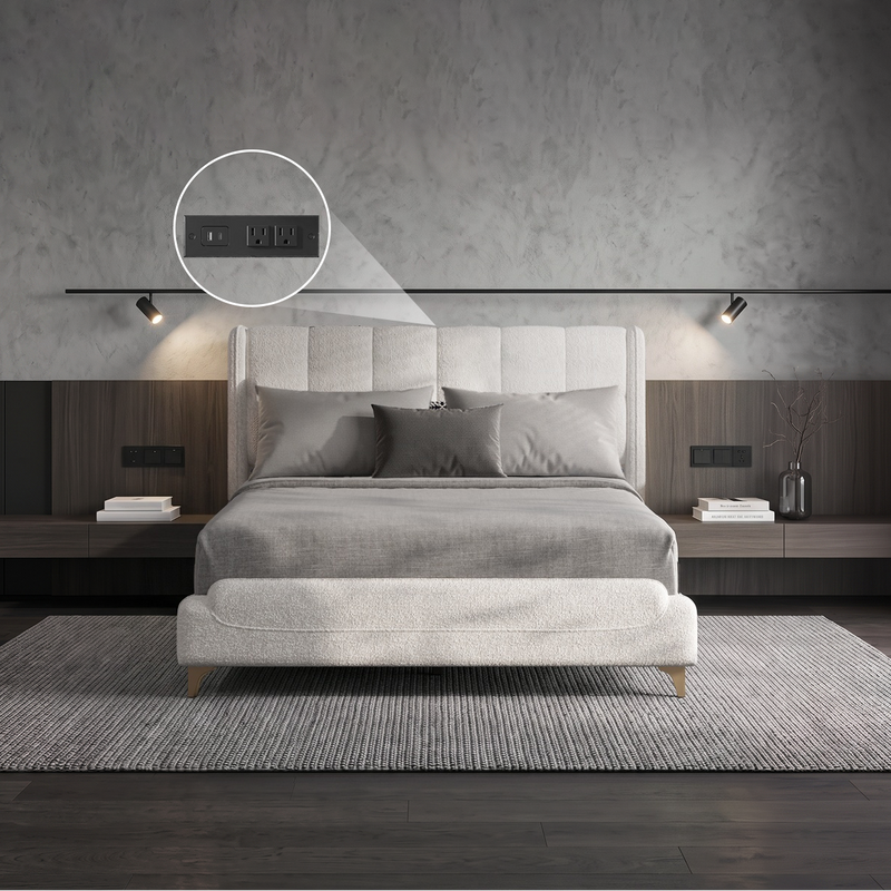 Lamb Wool Upholstered Platform Bed Frame with Charging Station