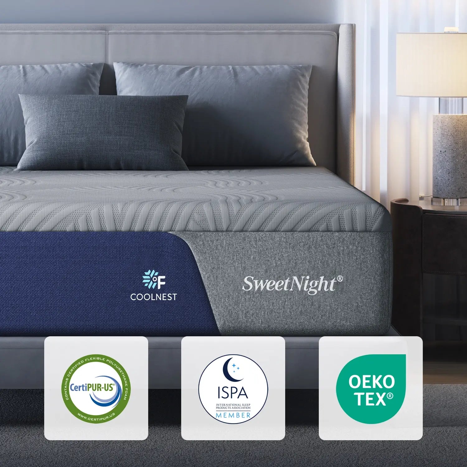 SweetNight CoolNest Mattress showcasing cooling technology and certifications for comfort and support.