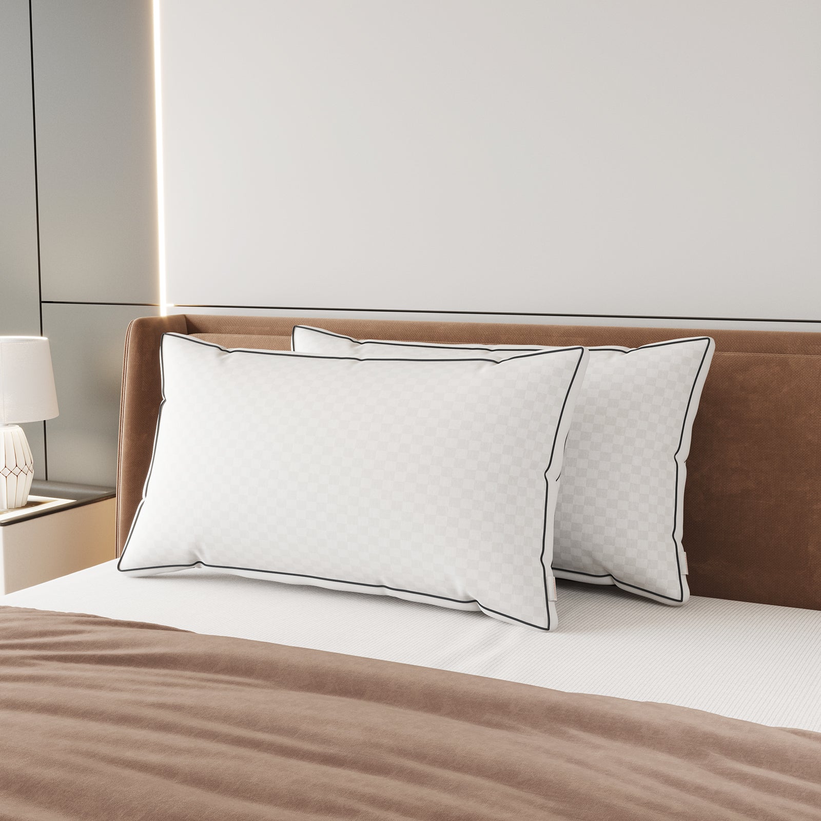 Comfort Support Pillow 2-Pack: two white checkered pillows with dark piping on a bed with a brown headboard.