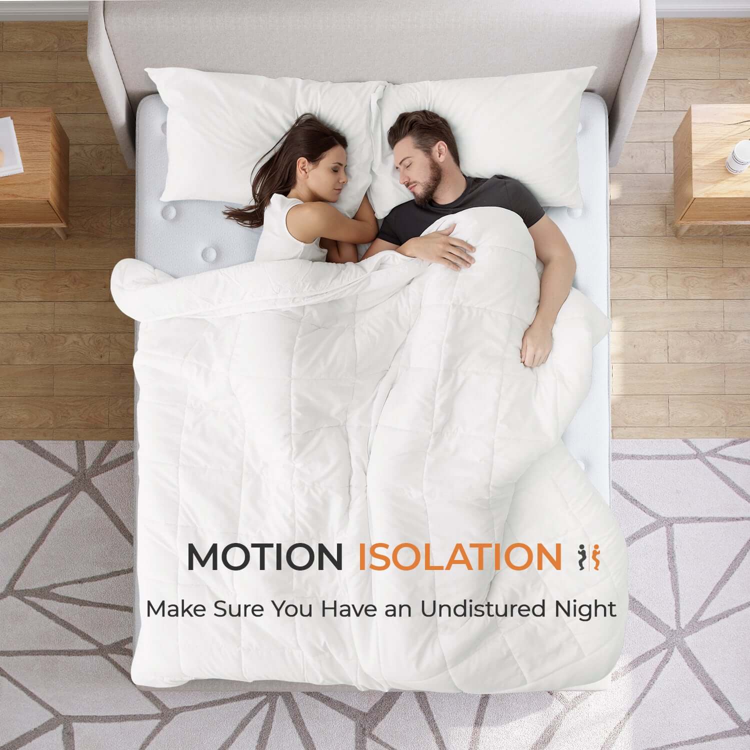 Island Hybrid Mattress with motion isolation feature for undisturbed sleep. Couple sleeping peacefully.