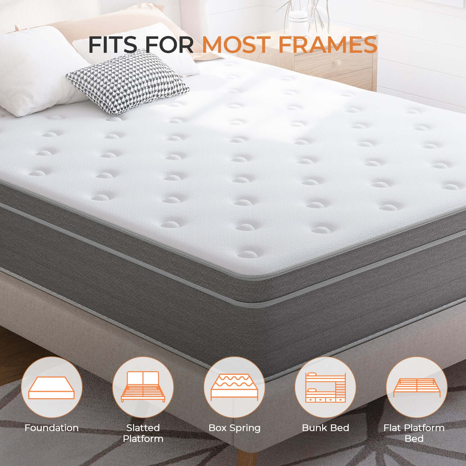Island Hybrid Mattress fits most frames: foundation, slatted platform, box spring, bunk bed, flat platform.