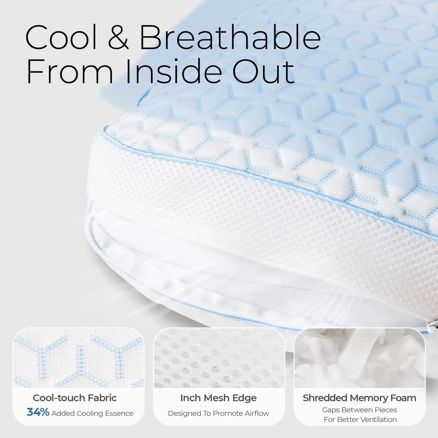Memory foam pillow with text highlighting features on a light gray background