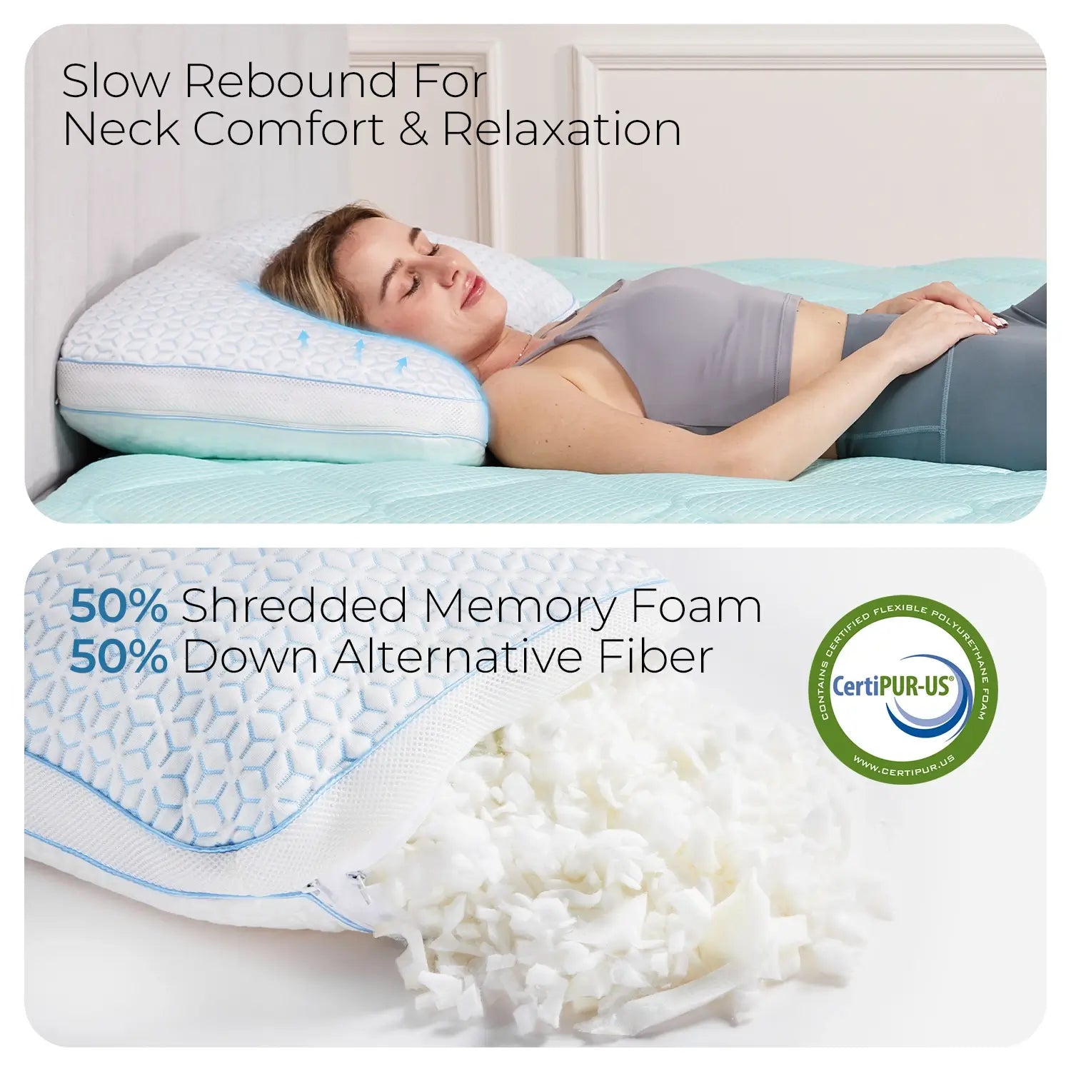 Woman lying on a bed with a pillow, surrounded by shredded memory foam and down alternative fiber, with text about neck comfort and relaxation.
