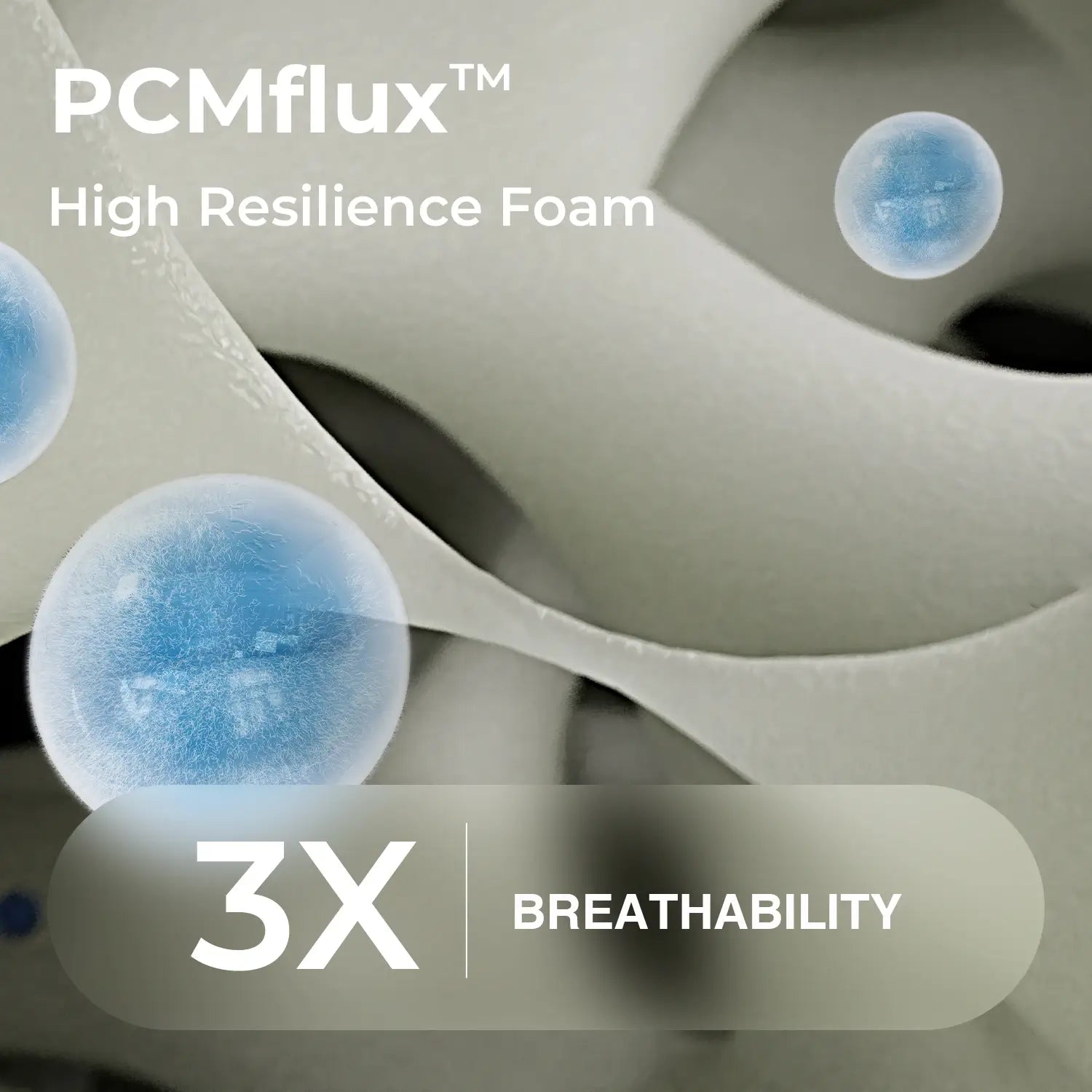 Close-up of PCMflux™ high resilience foam showcasing its superior breathability, highlighted by blue bubbles.