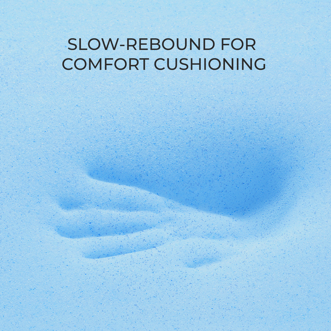 Starry Night Memory Foam Mattress: Hand imprint in light blue foam shows slow-rebound comfort cushioning for sleep.
