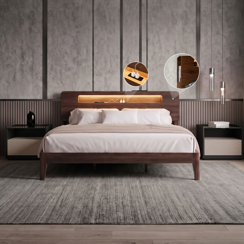 Smart Wooden Bed Frame with Touch-Control LED & Charging Station