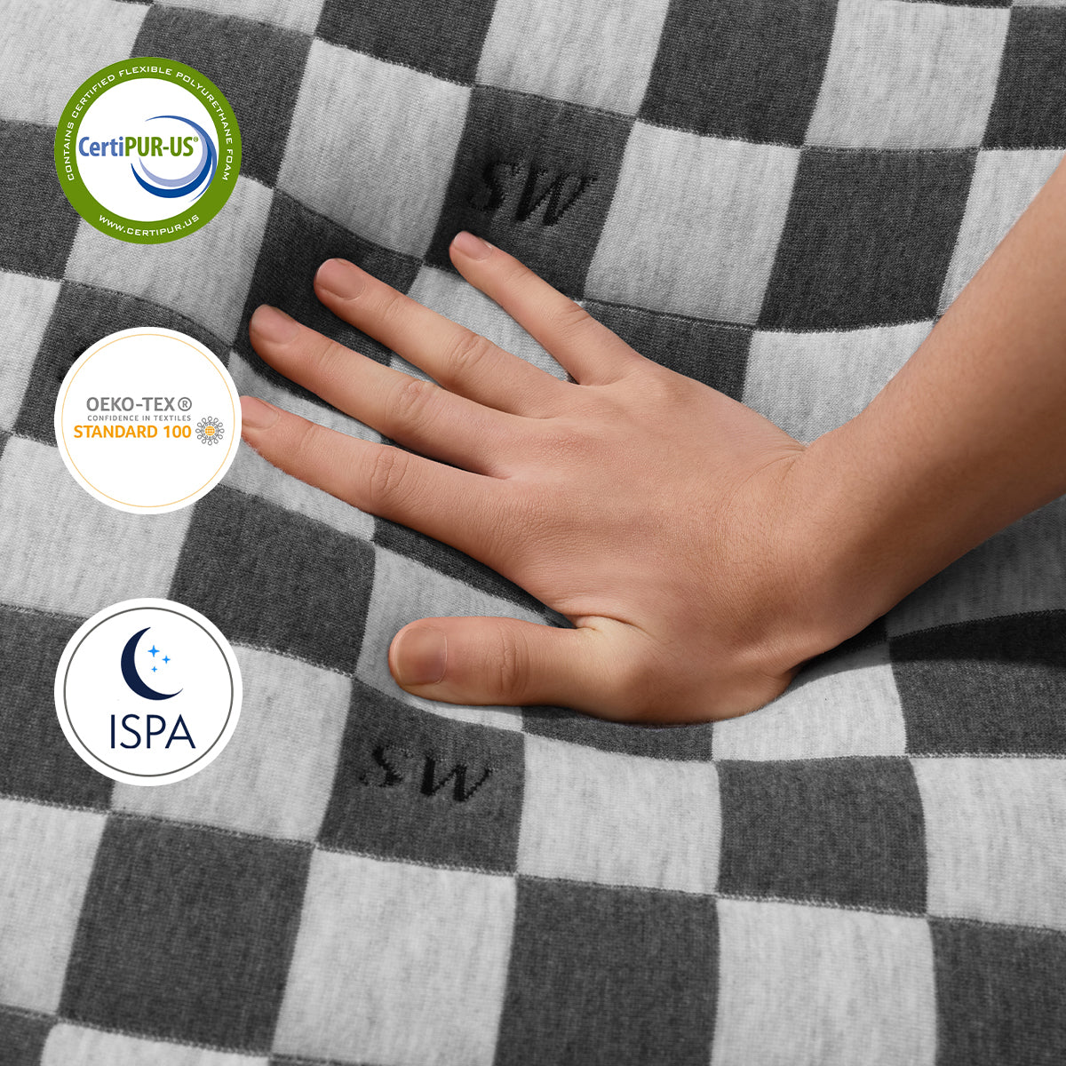 Hand pressing into a Prime Memory Foam Mattress showcasing its contouring support and certifications.
