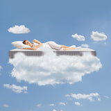A person sleeping on a mattress floating on clouds, illustrating the Sleep Doctor 2025 best affordable mattress.