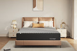 A modern bedroom featuring a SweetNight hybrid mattress with a black and white checkered top on a leather bed frame.