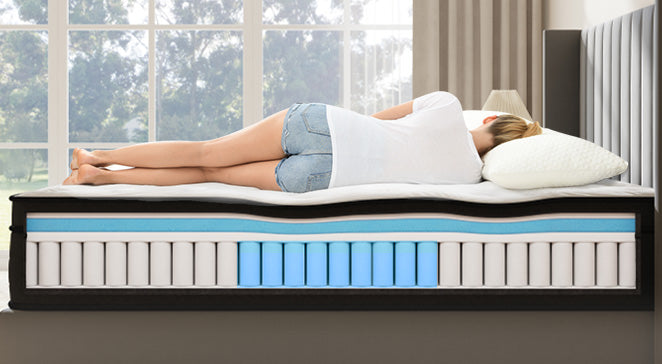 Cross-section view of best hybrid mattress for platform bed showing zoned support layers for side sleepers