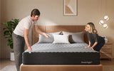 A couple discusses the features of a new SweetNight mattress, choosing the right model for their different sleep temperatures.