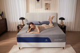 Woman testing mattress thickness and comfort level demonstrating importance of choosing right depth for sleep quality