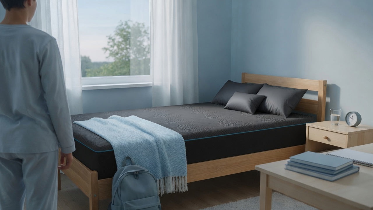 Bright teen bedroom with a cooling mattress in crisp white bedding, a school backpack and textbooks beside the bed, ready for back to school.