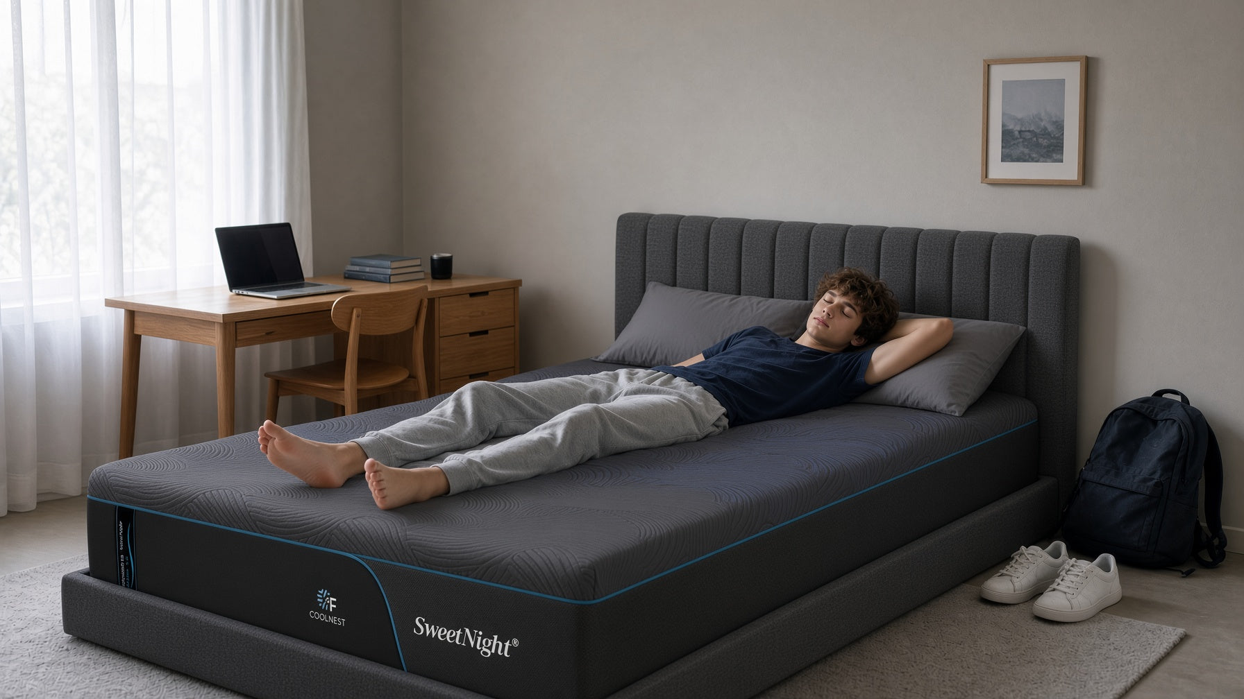Tall teenager sleeping on a full size memory foam mattress in a bright bedroom, showing the best mattress size for teenagers