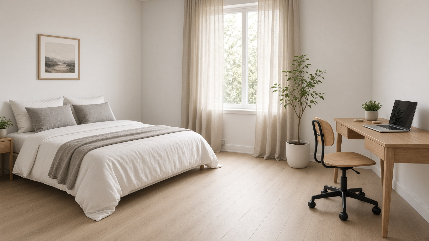 Full size mattress and home office desk in a 10x10 multi-purpose room showing clear walking space
