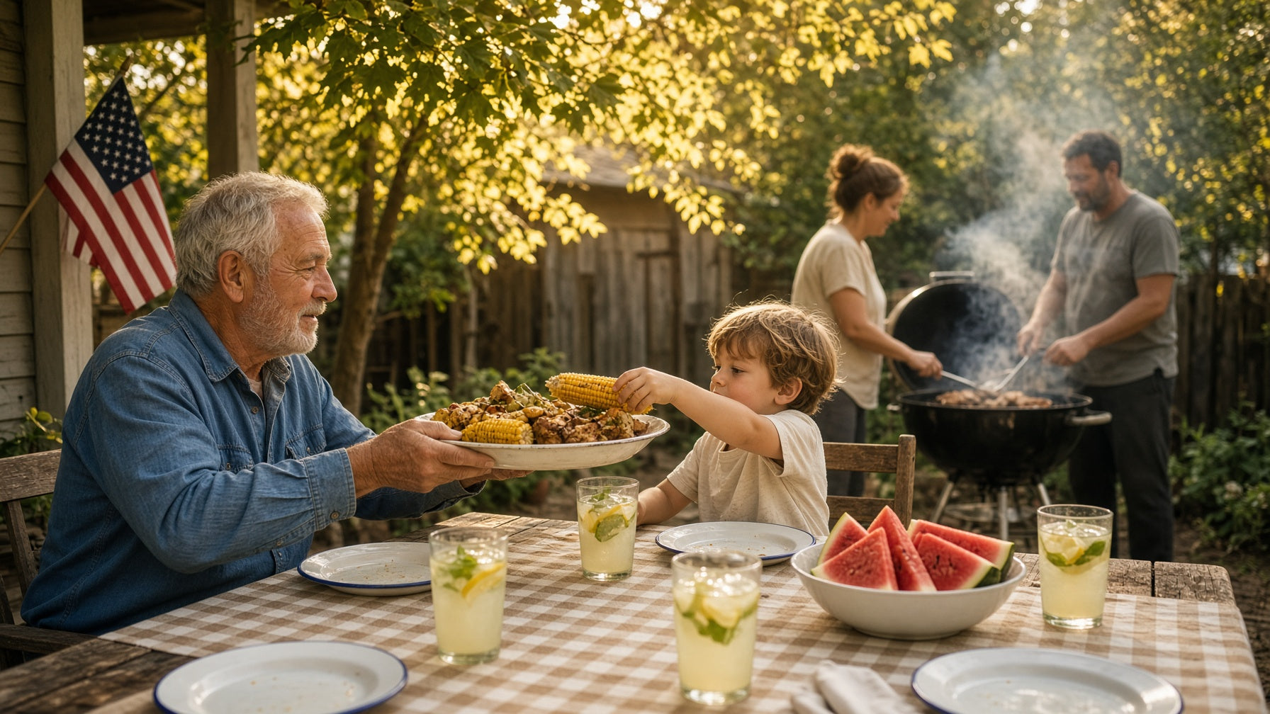 A multigenerational American family gathered around a backyard cookout table on Labor Day 2026, with a small flag and late-summer September light