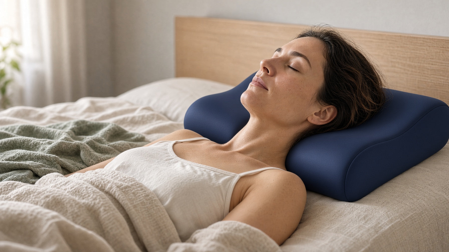 Woman sleeping on her back on a contoured cervical pillow, neck supported by the raised roll and head resting in the center hollow