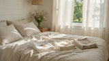 Breathable summer sheets on a bright bed with folded cotton, bamboo and linen fabrics