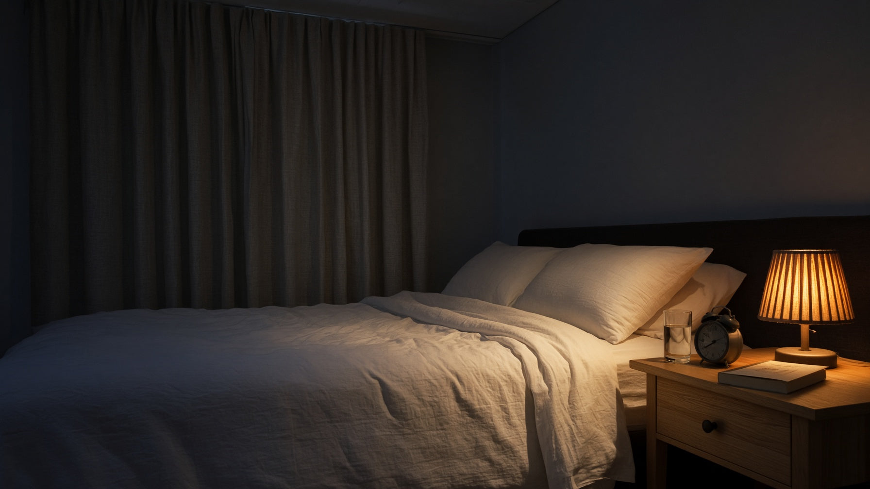 Dim bedroom lit by a single warm bedside lamp with sheets folded back ready for an early bedtime