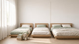 Kids mattress size comparison showing twin, twin XL, and full mattresses in a bright child's bedroom