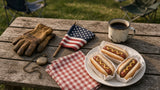 Weathered picnic table flat lay with work gloves, brass pocket watch and small US flag, illustrating Labor Day facts for 2026