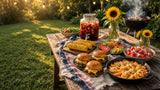 Labor Day cookout ideas: a backyard table with grilled corn, burgers, watermelon salad and peach cobbler under string lights at golden hour