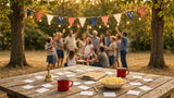Labor Day trivia questions and answers game set up at a backyard cookout with flag bunting and string lights