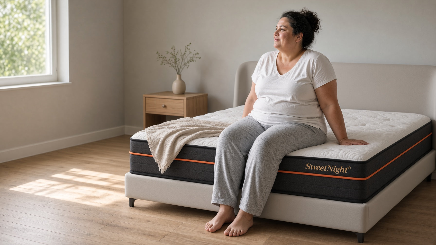 Plus-size adult sitting comfortably on the firm edge of a supportive mattress built for higher body weight