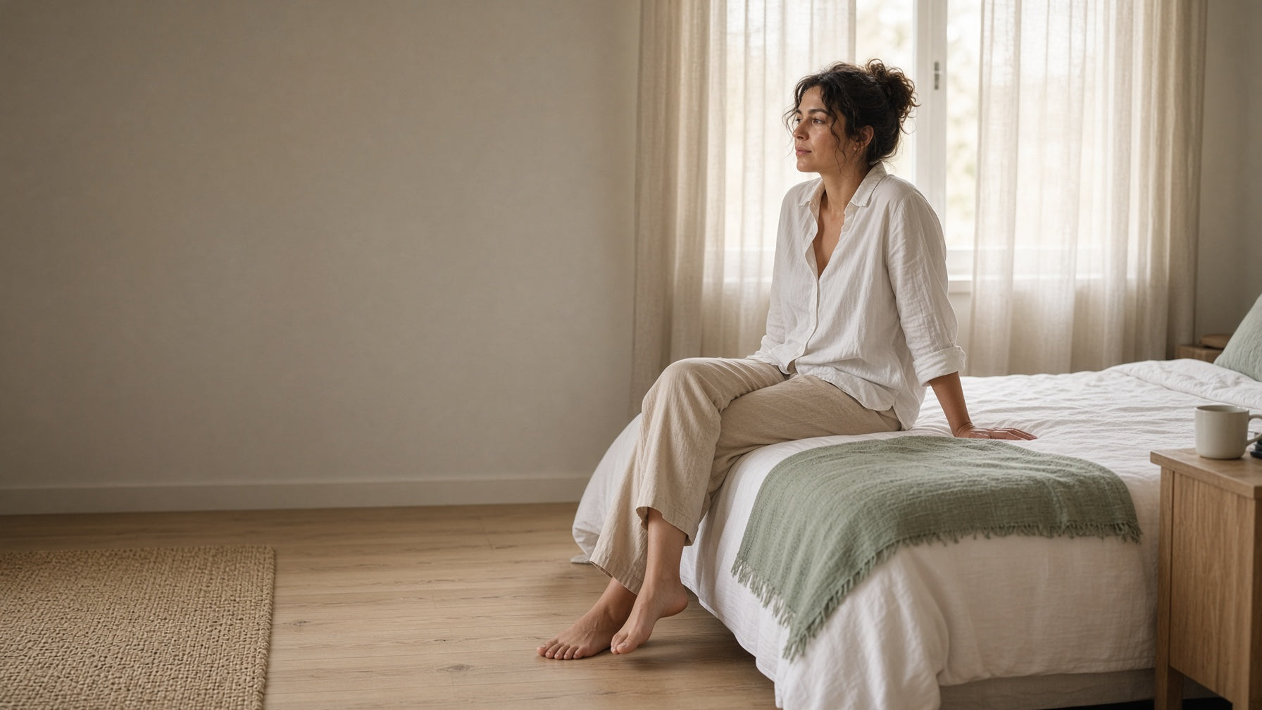 Woman sitting on the edge of a new white mattress at home during a 100-night mattress sleep trial