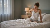 Woman sitting on the edge of a too-soft mattress holding her lower back after waking up