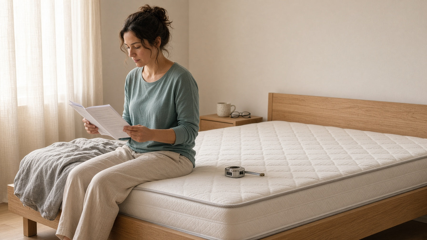 Woman sitting on a bare mattress reading a printed mattress warranty document in a sunlit bedroom