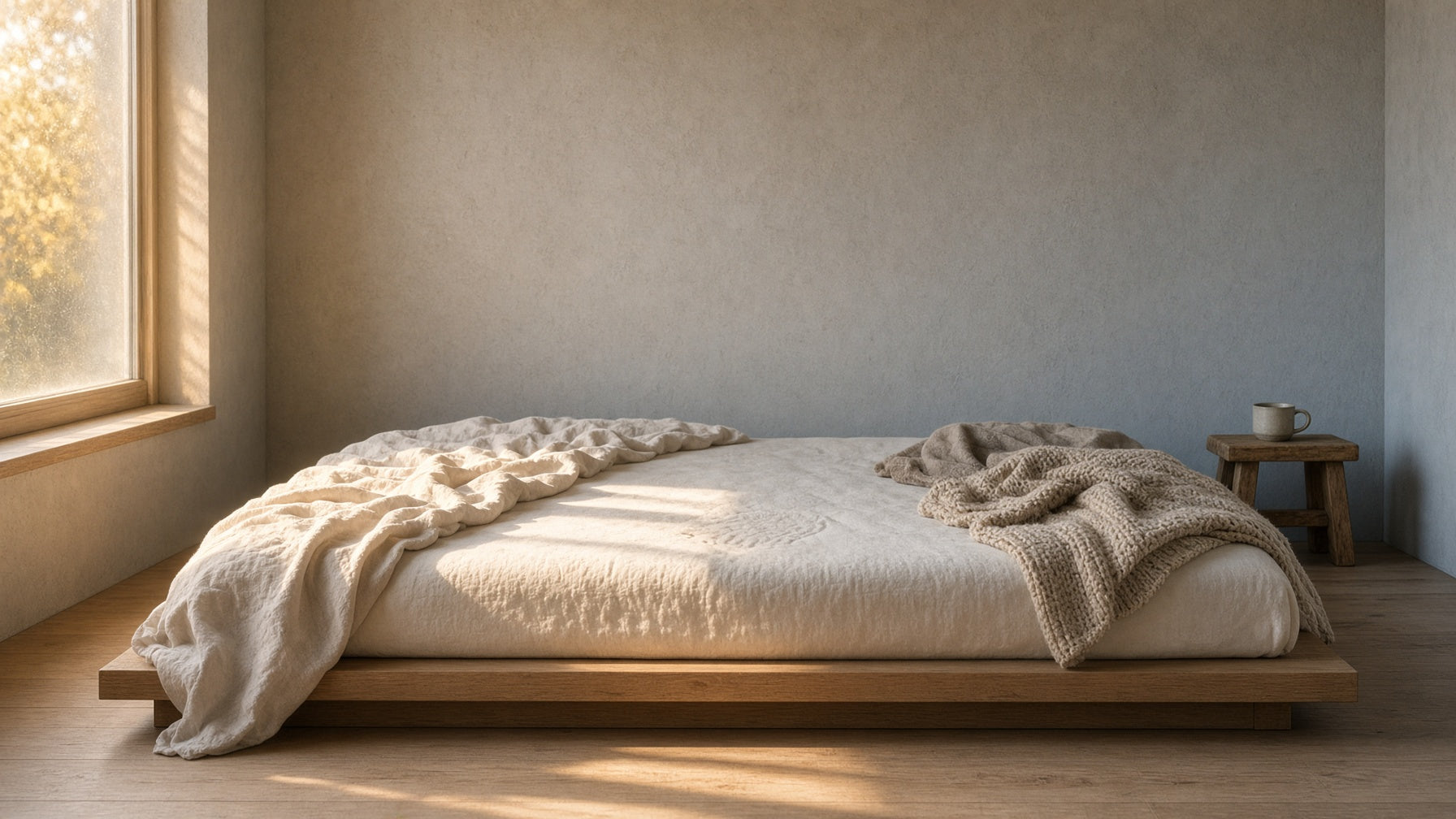 Memory foam mattress lit by warm summer light on one side and cool winter light on the other