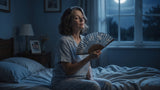 Middle-aged woman cooling down from menopause night sweats at the edge of her bed