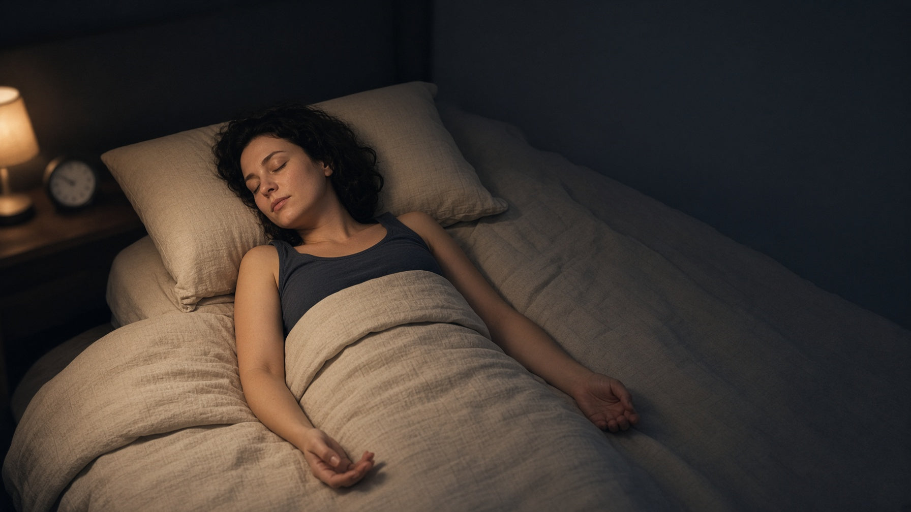 Woman lying relaxed and asleep in a dark bedroom, illustrating the military sleep method for falling asleep in about two minutes.