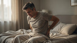 Man sitting on the edge of his bed in morning light, holding his stiff lower back