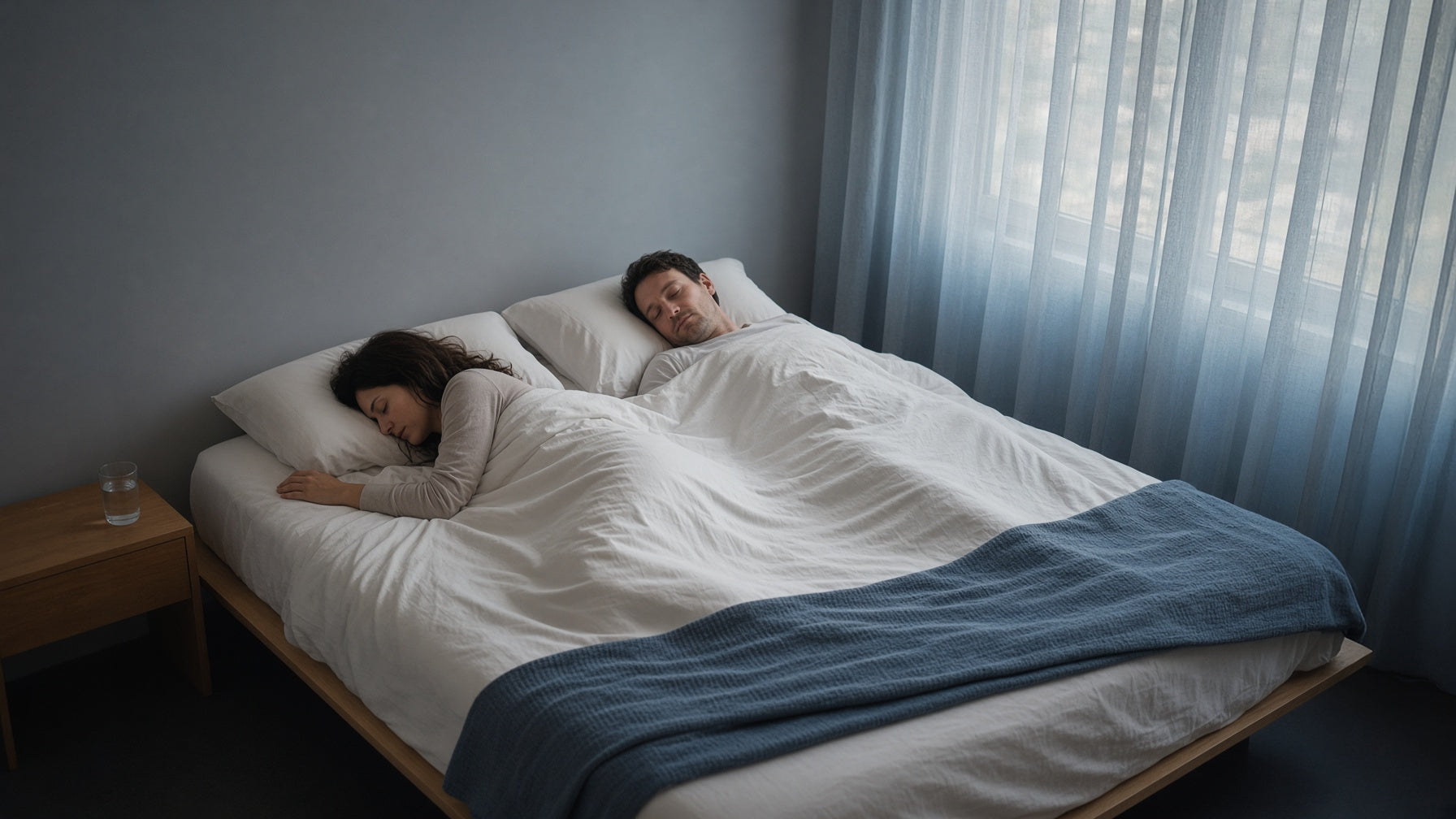 Woman rolling over on one side of a bed while her partner sleeps undisturbed, showing mattress motion isolation