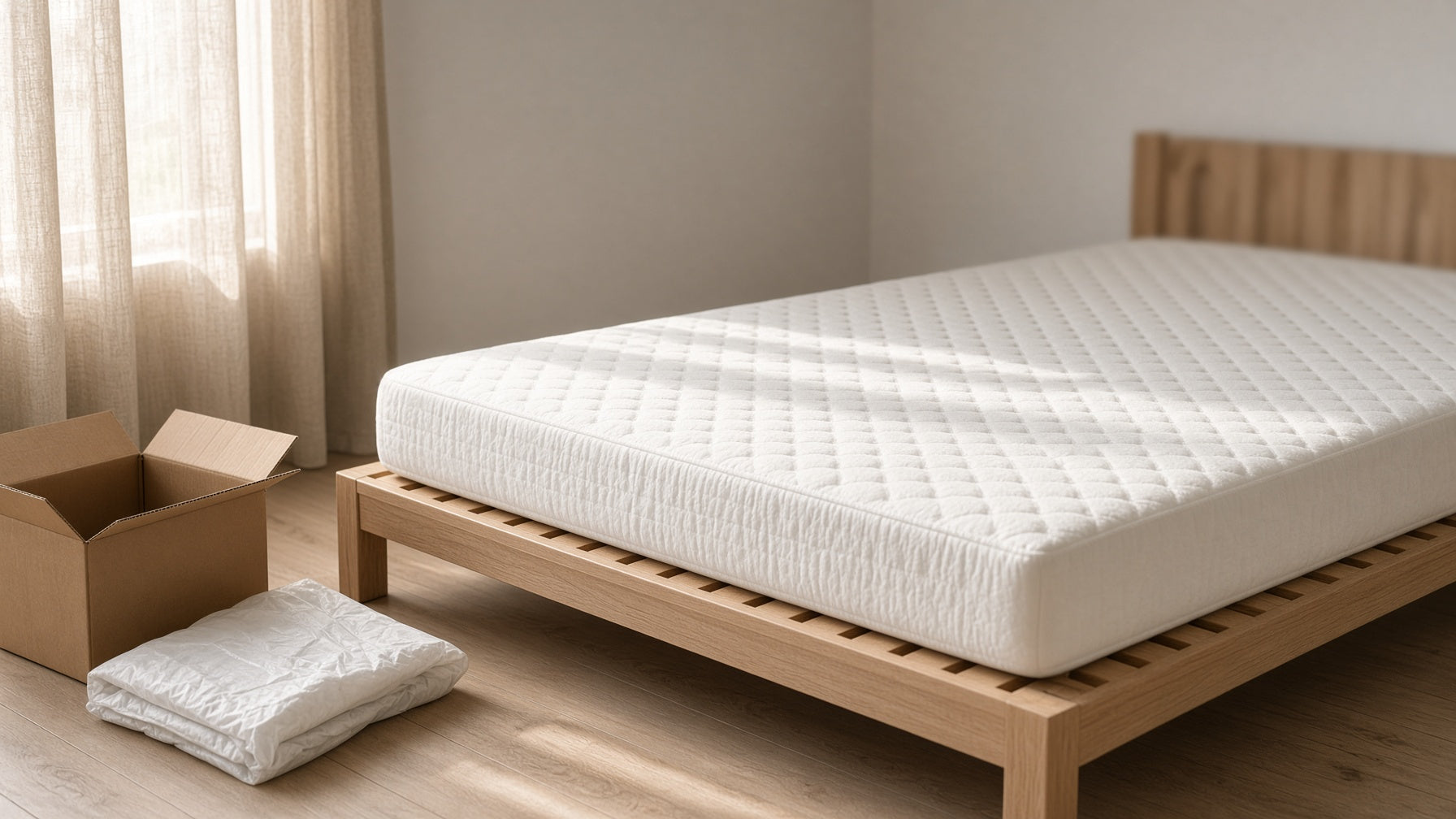 Newly unboxed foam mattress expanding on a slatted bed frame in a bright bedroom