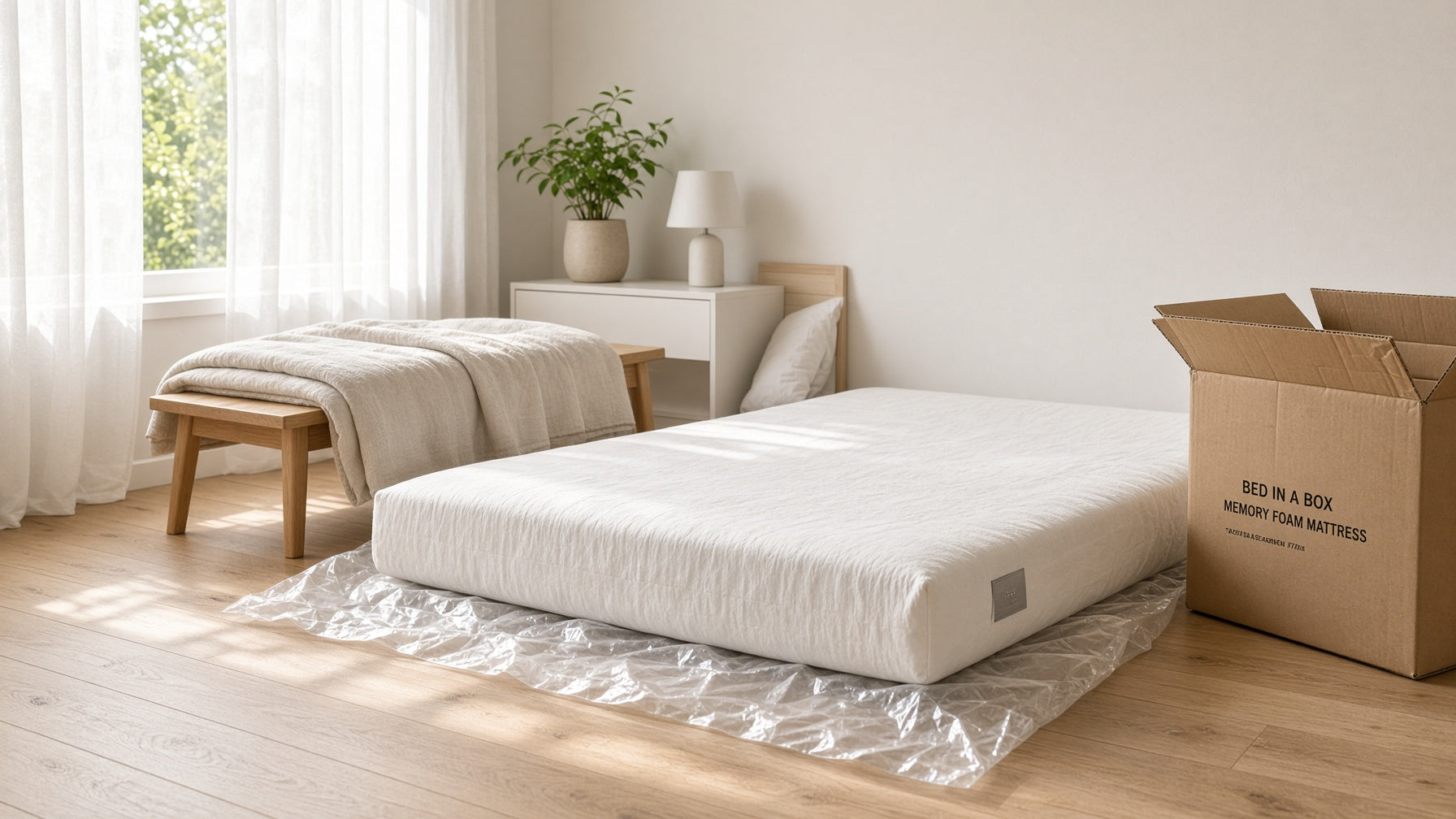 Newly unboxed white memory foam mattress expanding on a bedroom floor with crumpled plastic wrap nearby in soft morning light