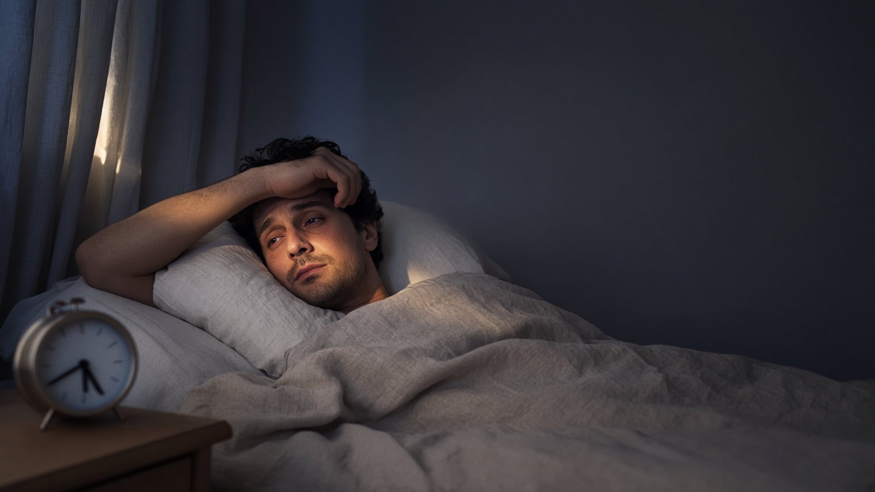 Tired adult lying awake in bed at dawn beside an analog alarm clock, illustrating sleep debt and lost sleep