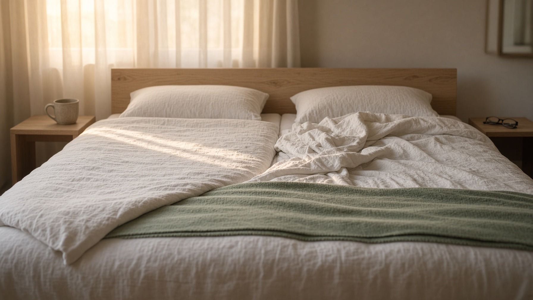 Queen bed made with two separate duvets in a sunlit bedroom, illustrating sleep divorce alternatives for couples
