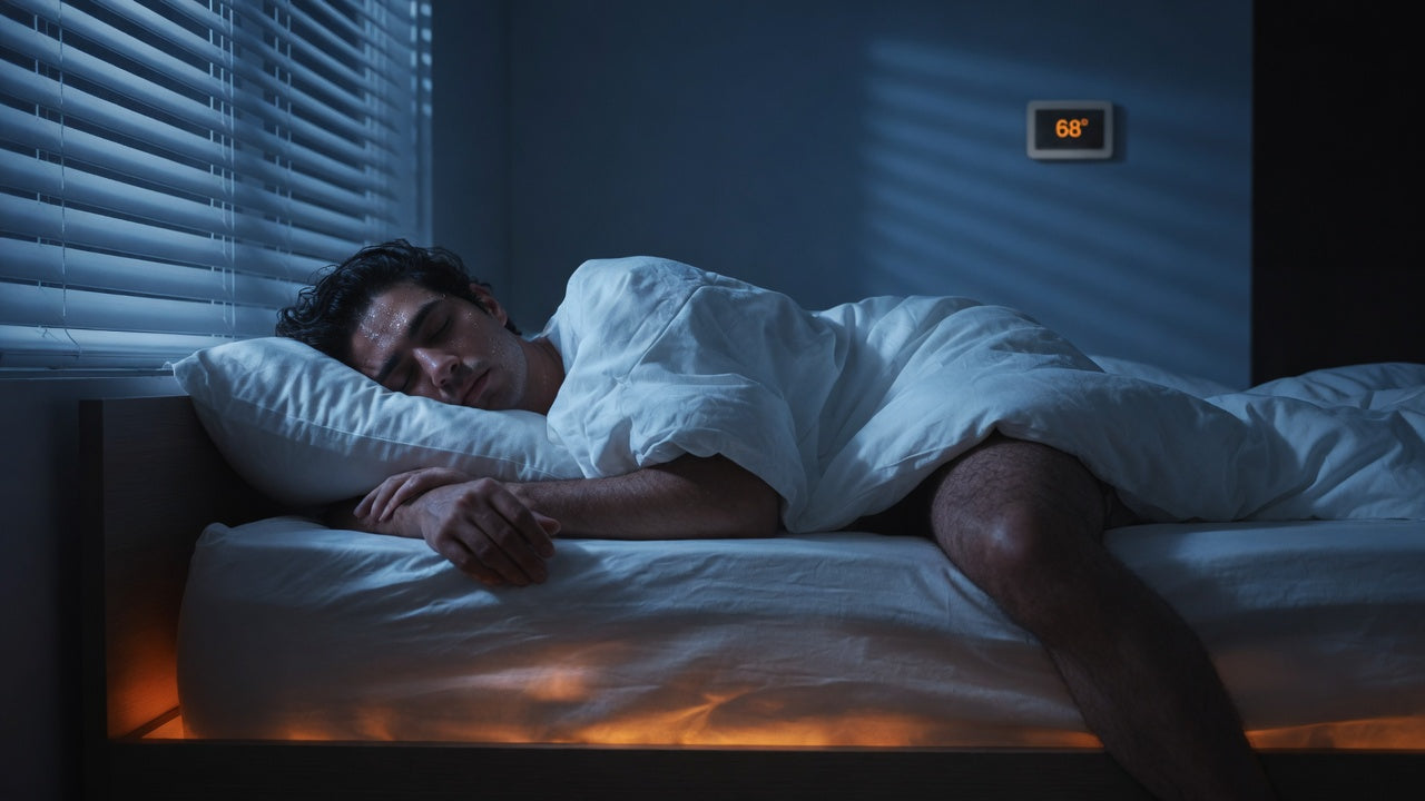 Person kicking covers off while sleeping hot in a cool bedroom set to 68 degrees