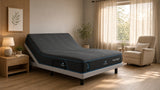 Sunlit modern bedroom with an adjustable bed raised to a gentle head incline beside a cozy recliner, showing a comfortable way to sleep with your head elevated