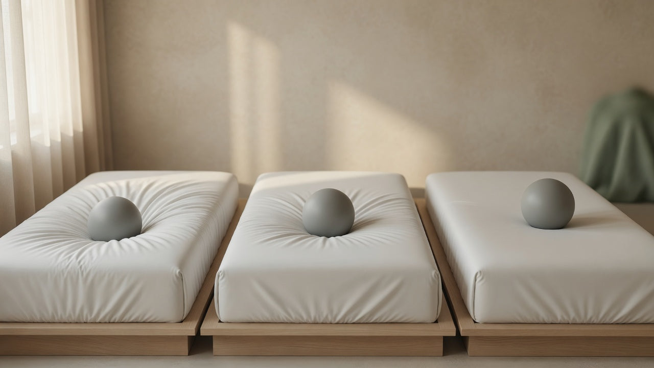 Three mattresses showing soft, medium and firm compression side by side for comparison